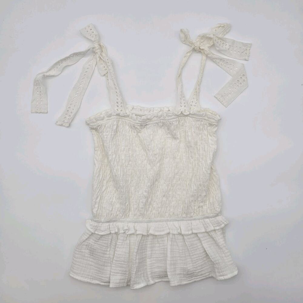 Anthropologie Top Womens Small White Tank Gauze Smocked Eyelet Boho Tie Eri Ali